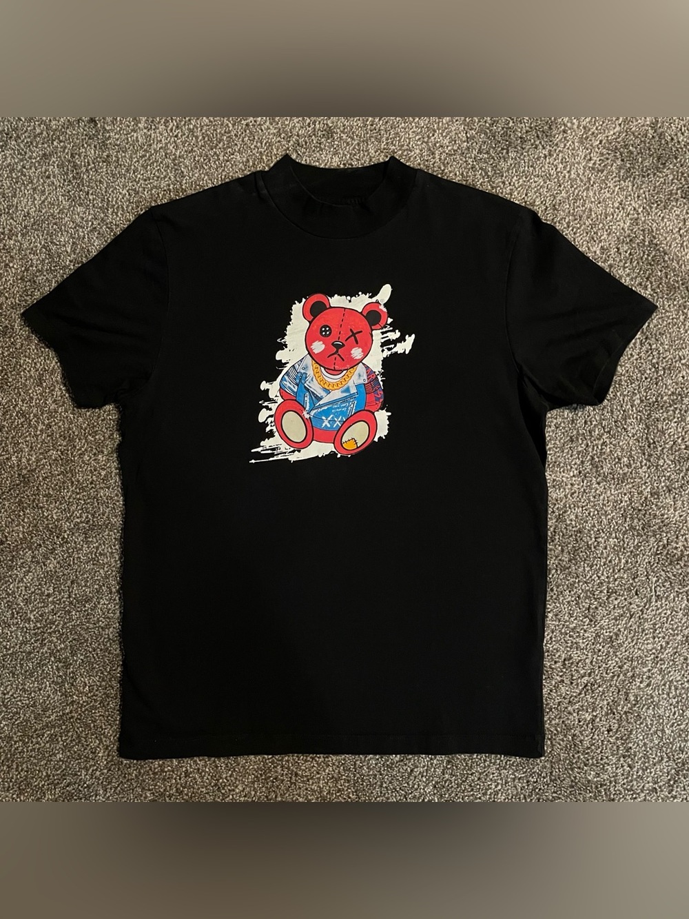 Bershka Black Tee with Red Teddy Graphic